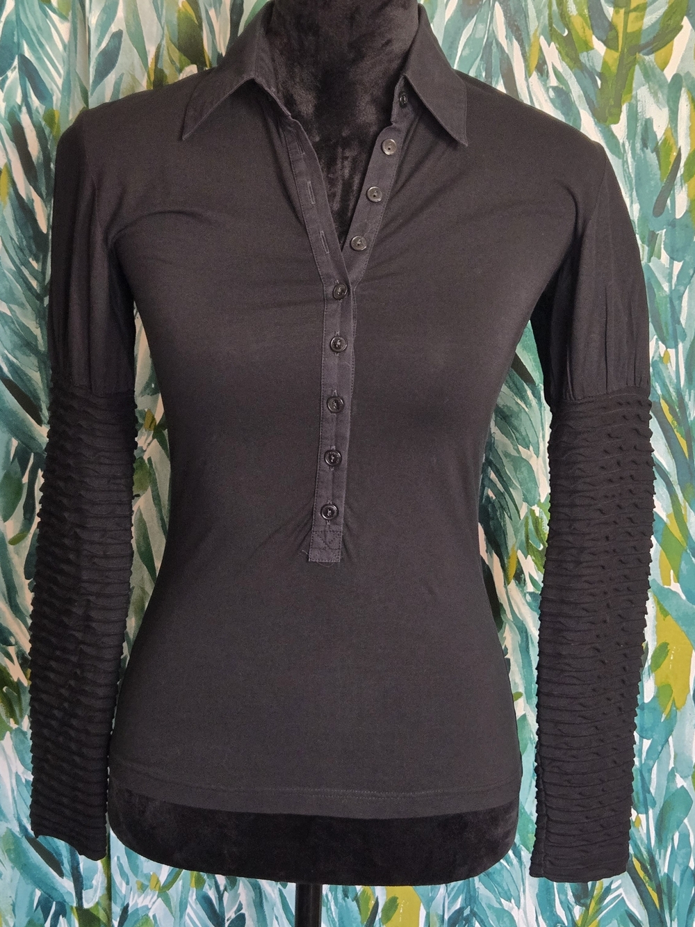 Anne Fontaine Black Stretch Jersey Shirt with Ruched Smocked Sleeves